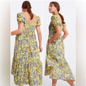 Zara Midi Dress Size M Yellow Paisley Smocked Puff Sleeve Cottagecore Garden